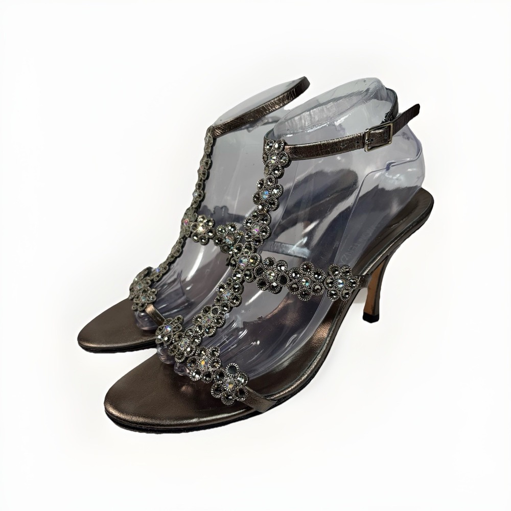 Ramon Tenza Stiletto Sandals Women 8.5 Bronze Crystal Embellished Evening Heels